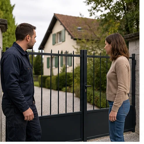 ferronnier et propriétaire observant un portail métallique battant à l’entrée d’une maison suisse, mains éloignées des charnières