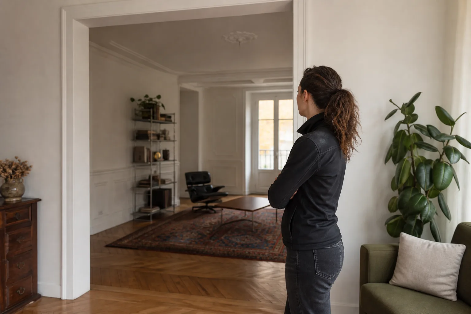 Professionnelle observant une ouverture intérieure avec le propriétaire avant une étude de verrière
