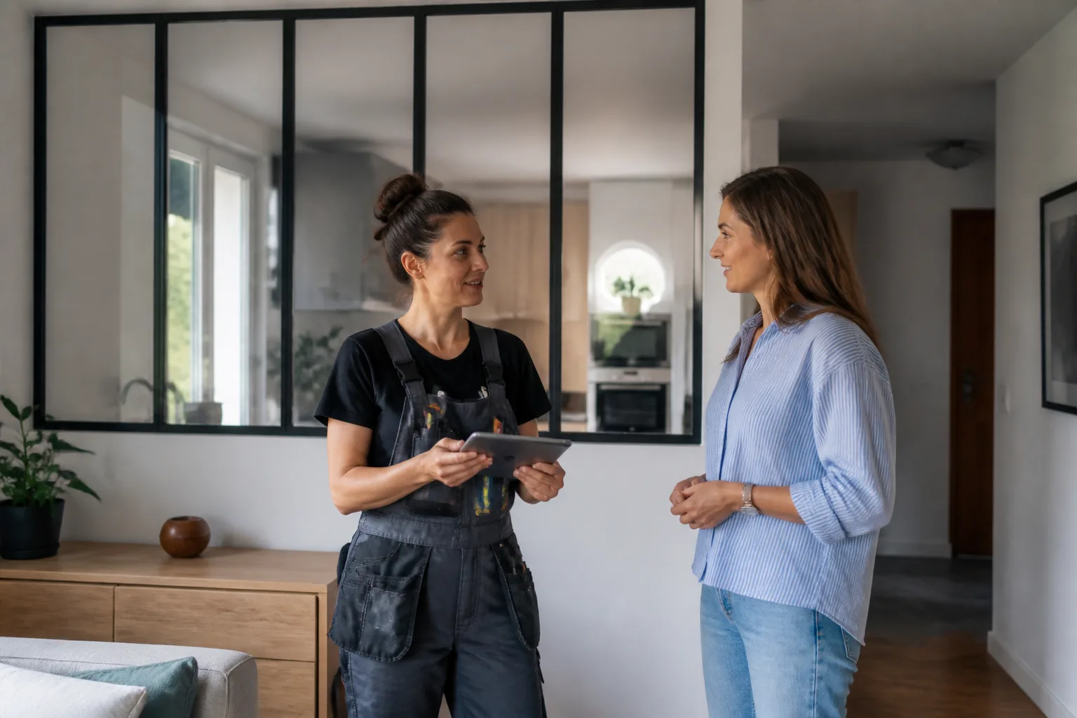 Propriétaire échangeant avec une professionnelle lors de la réception d’une verrière intérieure
