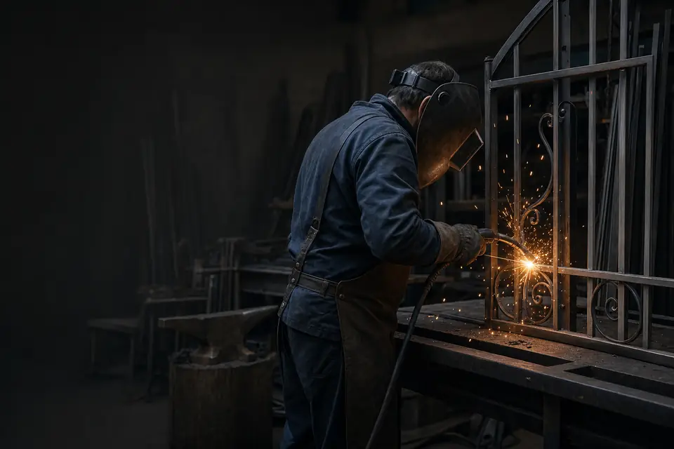 Ferronnier soudant un ouvrage métallique au masque dans un atelier